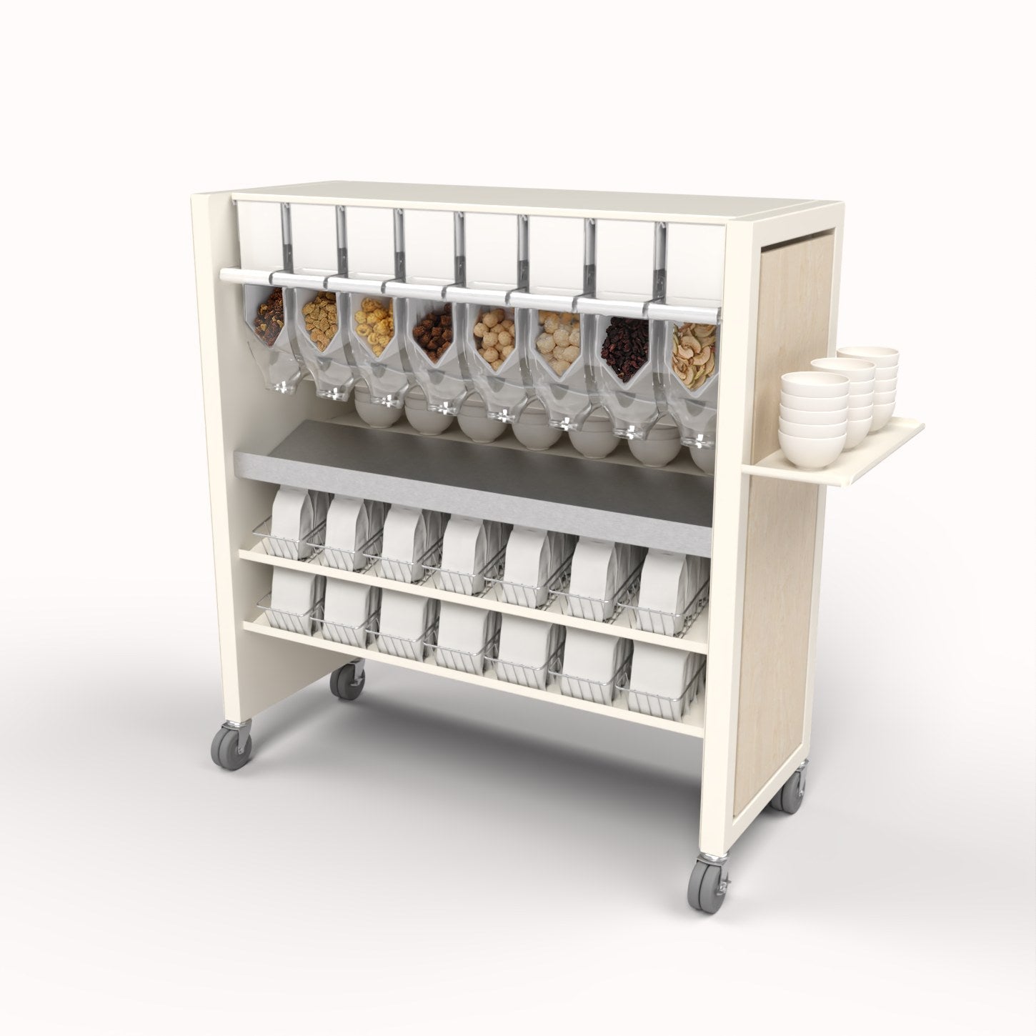 Product rendering of a cream Purcell floor fixture with eight dispensers